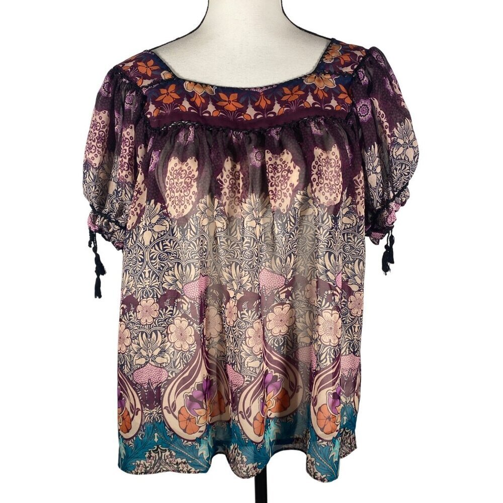 Vintage Y2K baby doll square neck  puff sleeve Sheer mixed Floral Blouse tassel